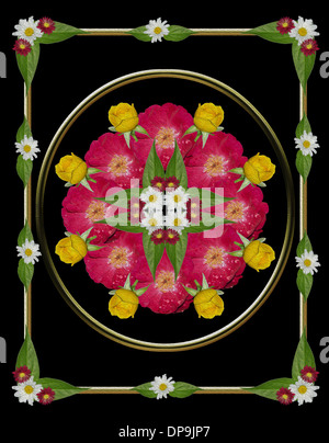 Art floral spectaculaire - conception géométrique des roses rouges et jaunes, les bourgeons et les feuilles avec de l'or métallique sur fond noir Banque D'Images