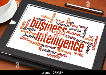 Business intelligence cloud mot sur une tablette numérique avec une tasse de thé Banque D'Images