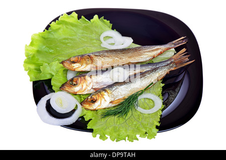Le poisson fumé, salade et oignon Banque D'Images