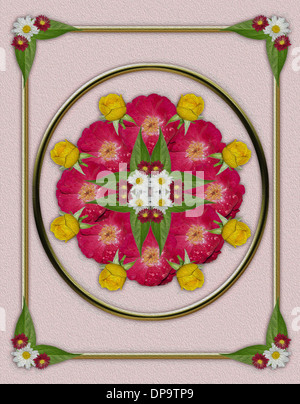 Art floral spectaculaire - conception géométrique des roses rouges et jaunes, les bourgeons et les feuilles avec de l'or métallique, fond rose pale Banque D'Images