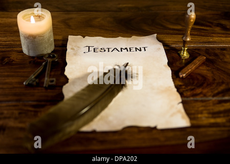 Ancien document avec le mot Testament Banque D'Images