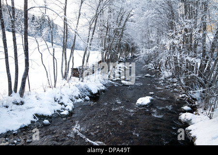 Rivière Alpine en hiver la neige, Alpes, La Chapelle d'Abondance, France Europe Banque D'Images