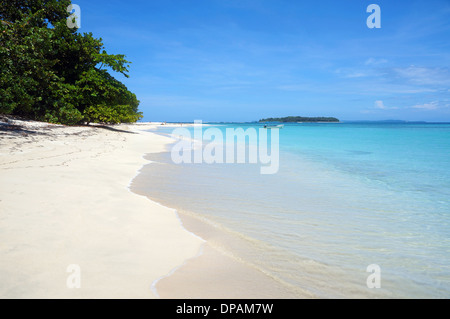 Plage de sable blanc tropicales aux eaux turquoises et d'une île à l'horizon, la mer des Caraïbes, Panama, touches Zapatillas Banque D'Images