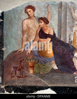 Fresco Pompeii Fragment 30-50 Annonce PETITE ANNONCE femme à côté d'une scène culte bachiques fauve Italie Romaine Banque D'Images