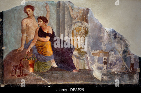 Fresco Pompeii Fragment 30-50 Annonce PETITE ANNONCE femme à côté d'une scène culte bachiques fauve Italie Romaine Banque D'Images