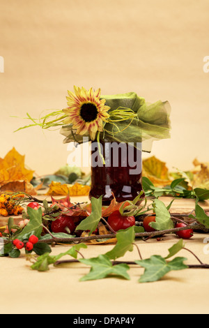 Composition de feuilles d'automne tombées, le lierre, l'aubépine, Rowan etc. sur une planche en bois Banque D'Images