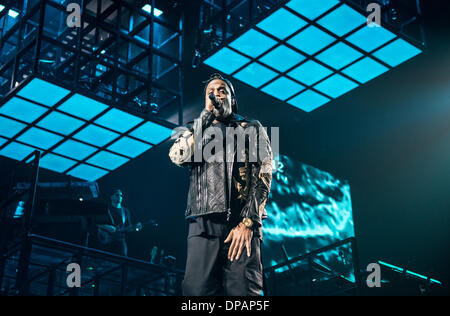 Chicago, Illinois, USA. 9 janvier 2014. Jay Z (Shawn Carter) d'effectuer à l'United Center de Chicago au cours de sa tournée mondiale "Magna Carter'. 9 janvier 2014 Crédit : Brigette Sullivan/Alamy Live News Banque D'Images