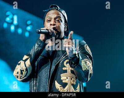 Chicago, Illinois, USA. 9 janvier 2014. Jay Z (Shawn Carter) d'effectuer à l'United Center de Chicago au cours de sa tournée mondiale "Magna Carter'. 9 janvier 2014 Crédit : Brigette Sullivan/Alamy Live News Banque D'Images