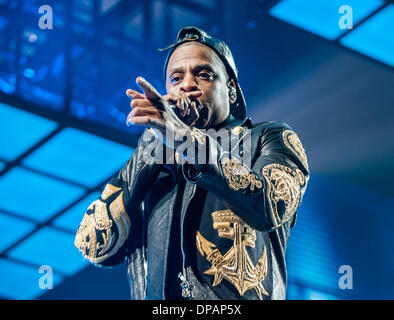 Chicago, Illinois, USA. 9 janvier 2014. Jay Z (Shawn Carter) d'effectuer à l'United Center de Chicago au cours de sa tournée mondiale "Magna Carter'. 9 janvier 2014 Crédit : Brigette Sullivan/Alamy Live News Banque D'Images