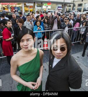 Los Angeles, USA. 10 janvier, 2014. Le réalisateur Peter Chan (R) et l'actrice Michelle Chen arrivent pour la cérémonie de remise des prix Hollywood Microcinema TCL TCL au Chinese Theatre de Los Angeles, aux États-Unis, 10 janvier 2014. © Zhao Hanrong/Xinhua/Alamy Live News Banque D'Images