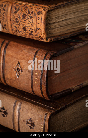 Livres anciens reliures en cuir marron avec dates montrant sur la colonne vertébrale. Banque D'Images