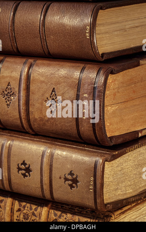 Vieux livres en reliure en cuir brun avec dates montrant sur la colonne vertébrale. Banque D'Images