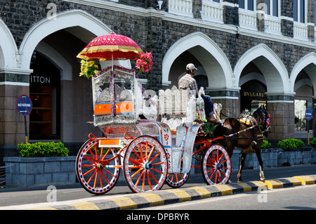 Un cheval de chariot de fantaisie et le Taj Mahal Hotel, Mumbai (Bombay) Inde Banque D'Images