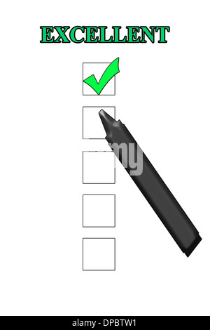 Vérifier sur l'excellence de boîte avec un stylo sur blanc Banque D'Images