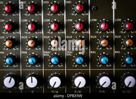 Détail d'un mixage de musique 24 avec boutons divers Banque D'Images