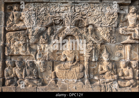 Détails de le temple bouddhiste de Borobudur, à Java, en Indonésie. Banque D'Images