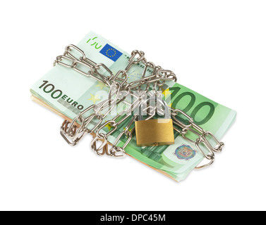 Billets avec chaîne et cadenas sur fond blanc Banque D'Images