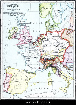 Carte de l'Europe à l'époque de Charles V, 1525. Banque D'Images