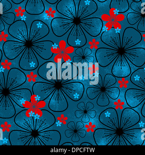 Modèle transparent avec des fleurs rouges et bleues sur un fond bleu foncé. Banque D'Images