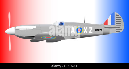 La Deuxième Guerre mondiale, un Supermarine Spitfire Mk XIV avion de chasse en patrouille contre un blanc rouge patriotique et fond bleu. Banque D'Images