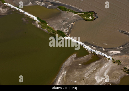 Vue aérienne de barrières de sable pour empêcher une fuite de pétrole brut l'éruption de la plateforme Deepwater Horizon BP Oil d'entrer dans l'estuaire du marais 30 juillet 2010 à Grand Isle, en Louisiane. Banque D'Images