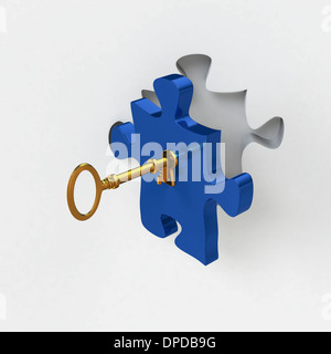 La résolution de problèmes ou des solutions comme une pièce de puzzle avec une clé d'or Banque D'Images