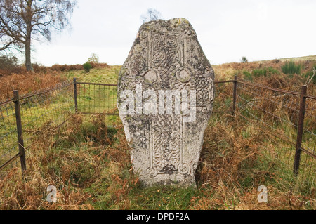 La pierre - un réseau complexe Kinord sculptées en pierre Picte près de Loch Kinord, Dinnet, Aberdeenshire, en Écosse. Banque D'Images