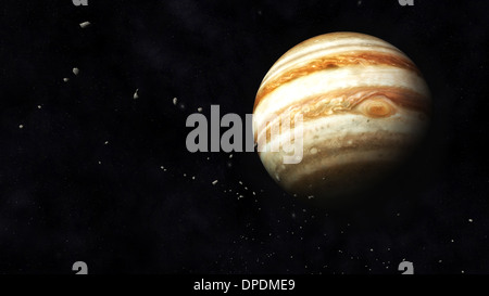 Illustration numérique de la planète Jupiter et les astéroïdes Banque D'Images