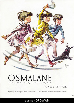 1950 Publicité Publicité OSMALANE pure laine mérinos & tissu en coton égyptien. Annonce dans le magazine de mode pour femmes vers 1952. Banque D'Images