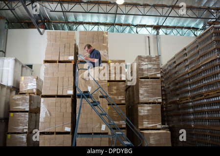 L'homme sur des échelles dans l'entrepôt avec des boîtes en carton Banque D'Images