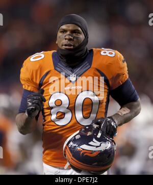 Denver, Colorado, États-Unis. 12Th Jan, 2014. TE07 JULIUS THOMAS s'exécute dans le vestiaire après la fin du match à Sports Authority Field at Mile High dimanche après-midi. Les Broncos battre les chargeurs 24-17. Credit : Hector Acevedo/ZUMAPRESS.com/Alamy Live News Banque D'Images