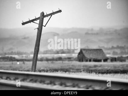 Pont-levis, en Californie, aux États-Unis. Jan 11, 2014. (NOTE de l'ÉDITEUR : L'IMAGE CONVERTIE EN NOIR ET BLANC) d'un poteau de téléphone de l'incliné bois hors de la terre entre un ensemble de rails de chemin de fer et un bâtiment délabré dans la ville abandonnée de pont-levis, en Californie le 11 janvier 2014. Situé dans la partie sud de la baie de San Francisco, pont-levis est lentement en train de s'enfoncer dans les marais et a été une ville fantôme depuis le dernier gauche résident en 1979. © Josh Edelson/ZUMAPRESS.com/Alamy Live News Banque D'Images