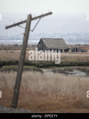 Pont-levis, en Californie, aux États-Unis. Jan 11, 2014. Un poteau de téléphone de l'incliné bois hors de la terre à proximité d'un bâtiment délabré dans la ville abandonnée de pont-levis, en Californie le 11 janvier 2014. Situé dans la partie sud de la baie de San Francisco, pont-levis est lentement en train de s'enfoncer dans les marais et a été une ville fantôme depuis le dernier gauche résident en 1979. © Josh Edelson/ZUMAPRESS.com/Alamy Live News Banque D'Images