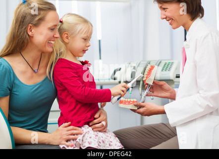 L'enseignement sur les mères fille dentiste comment tour de se brosser les dents Banque D'Images