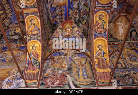 Mur de fresques ou de peintures sur plafond de Narthex de l'Église Monastère Grande Laure Le Mont Athos en Grèce Banque D'Images