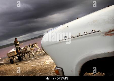 Le 15 novembre 2006 - Masazir, péninsule Abseron Village, Azerbaïdjan - Un employé a realiser le sel de Duz Golu (salt lake) avec un deux weels panier . L'eau est rose à cause de l'iode et le lac est pollué par les eaux usées, les déchets et l'huile. Le sel est vendu sur le marché non raffinée et non lavés. Dans le foregroud une vieille voiture soviétique. (Crédit Image : © Danilo Balducci/zReportage.com/ZUM Banque D'Images