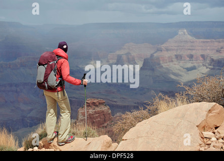 Female hiker affichage Grand Canyon, Flagstaff, Arizona, USA Banque D'Images
