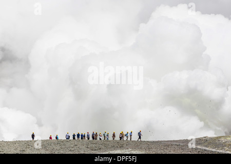 Visiteurs regardant la boue d'être éjecté d'un stratovolcan andésitique actif sur White Island, île du Nord, Nouvelle-Zélande Banque D'Images