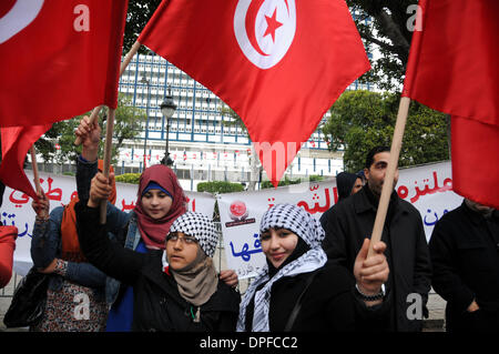 Tunis, Tunisie. 14 janvier 2014. Peuple tunisien prendre part à une manifestation marquant le troisième anniversaire du soulèvement qui a renversé l'ancien chef de l'homme fort Zine El Abidine Ben Ali à Tunis, capitale de la Tunisie, le 14 janvier 2014. Les Tunisiens sont marquant le troisième anniversaire de la révolution, dans un climat d'incertitude marquée par des tensions sociales, la faiblesse de l'économie, sur les menaces de jihadistes et une impasse politique. Source : Xinhua/Alamy Live News Banque D'Images