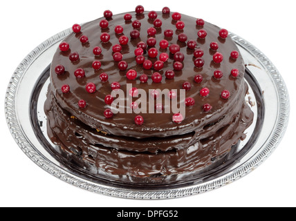Gâteau au chocolat maison sur un plat rond en métal. Isolated on white Banque D'Images