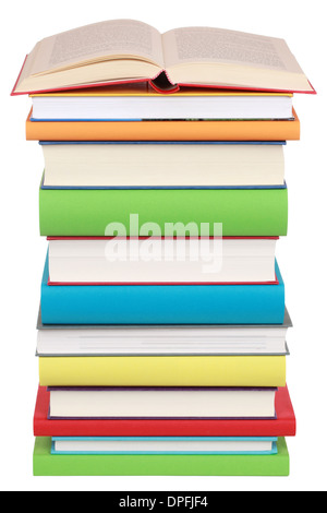 Livre ouvert sur une pile de livres, isolated on white Banque D'Images