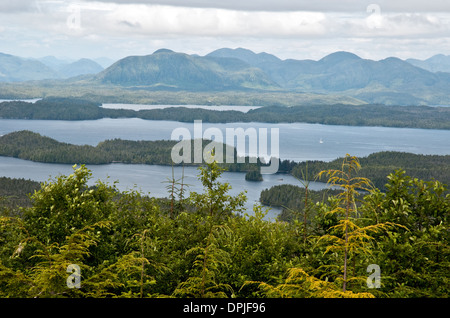 Une vue de la forêt du Grand Ours, vu depuis une montagne au-dessus de la Première Nation Heiltsuk ville de Bella Bella, en Colombie-Britannique, Canada. Banque D'Images