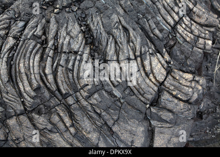 Les fissures des modèles et formes émergent de cette close up partie de lave solidifiée noire sur l'île de Hawaii Banque D'Images