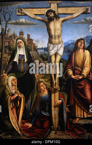 Il Pavese (1485-1528). Peintre de la Renaissance italienne. Le Christ sur la croix, le Trois Marie sur le deuil par John et le donateur. Banque D'Images