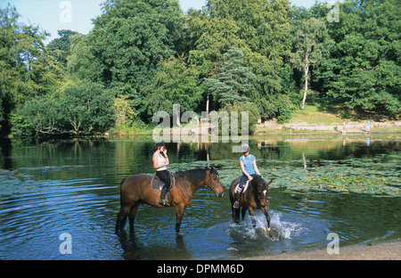 Deux cavaliers sur Keston Pond, Bromley, Kent, Angleterre, Royaume-Uni Banque D'Images