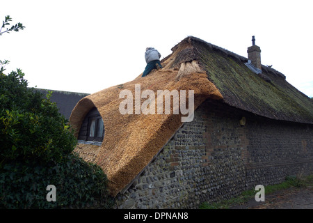 United Kingdom West Sussex une thatcher travaillant sur le toit d'un chalet Banque D'Images