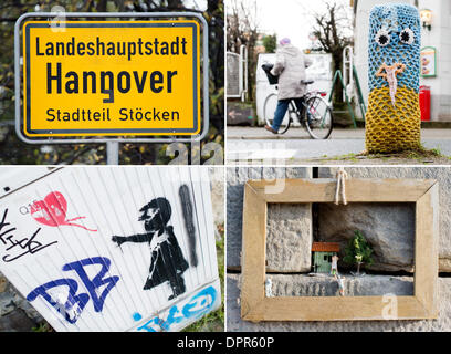 Hanovre, Allemagne. 15 Jan, 2014. COMBO - Une photo composite montrant différents types de street art à Hanovre, Allemagne, 15 janvier 2014. Un groupe très diversifié, les artistes créent street art dans l'espace public employant diverses techniques et des formes artistiques. Photo : JULIAN STRATENSCHULTE/dpa/Alamy Live News Banque D'Images