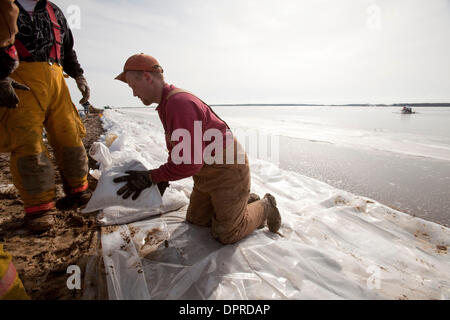 Mar 29, 2009 - Hendrum, Minnesota, USA - STEVE MORKEN de Climax, Minn. jette des sacs de sable le long d'une digue sur le bord de Hendrum. Bien que le niveau de la rivière Rouge est lentement tomber dans Fargo, S.D. et Moorhead, Minnesota, il continue d'augmenter dans 30 milles au nord de Hendrum. Dimanche a commencé à Hendrum tranquille mais avant midi les niveaux d'eau dans la rivière Rouge a augmenté de manière spectaculaire. (Crédit Image : © Da Banque D'Images