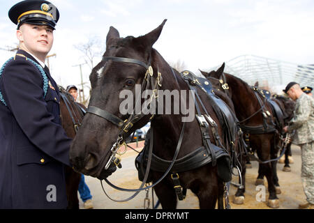 26 février 2009 - Joint Base Myer-Henderson Hall, Virginia, États-Unis - le soldat de première classe CHRISTOPHER FRIDDLE peloton du caisson est avec les chevaux avant d'entrer dans le Cimetière National d'Arlington. .(Image Crédit : © Kate Burgess/ZUMAPRESS.com) Karwan Banque D'Images