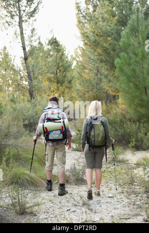 Vue arrière d'un jeune couple fit explorer les bois Banque D'Images